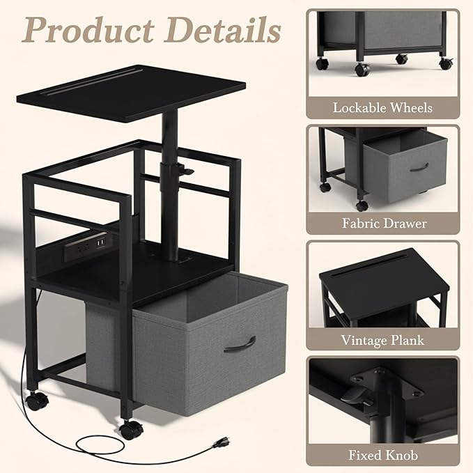 Swivel Lift Top Nightstand with Charging Station, 2-Tier 360° Adjustable Bedside Table, Rolling Night Stand with Wheels, Small End Table with Fabric Drawer, for Bedroom, Living Room, Black Gray