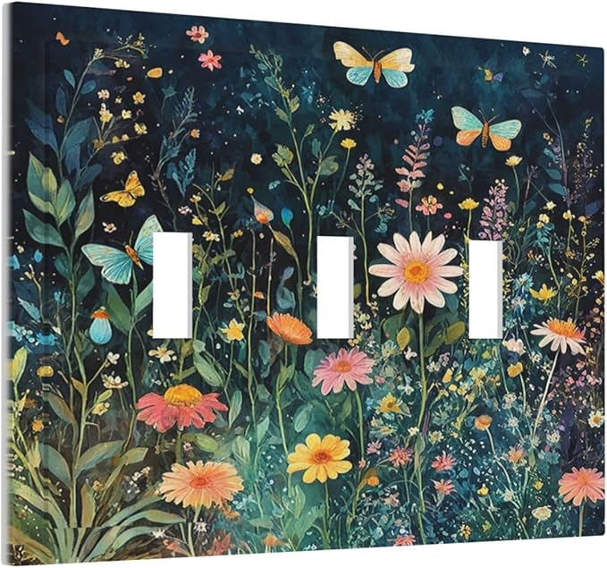 Decorative Switch Plates Boho Vintage Floral Flower Butterfly 3 Gang Wall Plate Triple Toggle Light Switch Cover Faceplate Electrical Wall Panels for Bedroom Home Decor