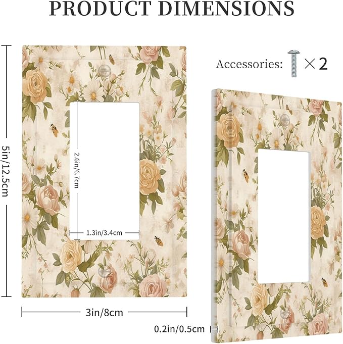 Decorative Outlet Covers Boho Vintage Roses Pink Red Yellow Bouquet Floral 1 Gang Single Rocker Light Switch Cover Plate Wall Plates GFCI Faceplate for Bedroom living Room Decor