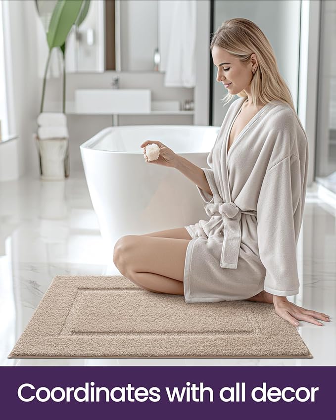 DEXI Bathroom Rugs 24x16, Washable Non Slip Bath Mat for Shower Floor, Absorbent Quick Dry Bathmat with Rubber Backing, Ultra Soft Plush Carpet for Tub, Beige