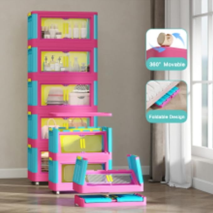 5 Tiers Folding Storage Cabinet, 20" Side Wide Collapsible Storage Bins with Doors and Wheels, Space Saving Plastic Cabinet for Living Room, Office, Dorm, Rainbow