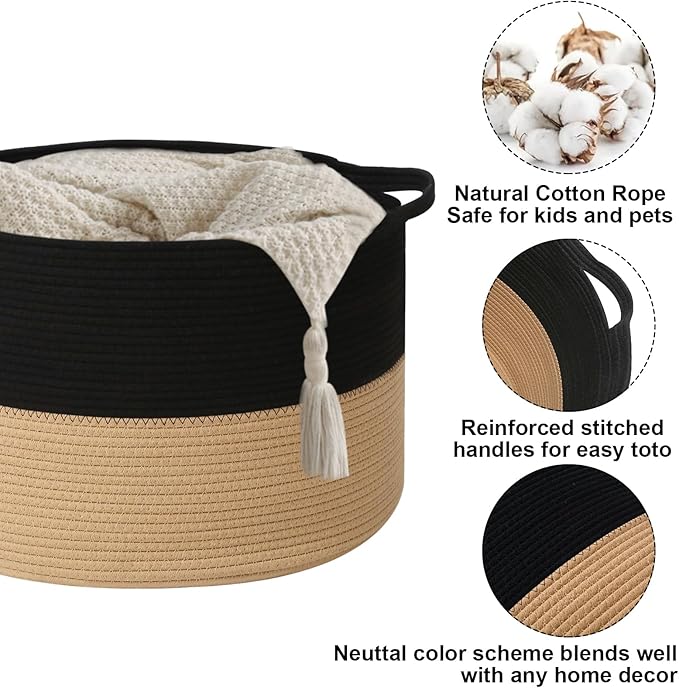 Large Storage Basket with Handle,19.7" L x 19.7" W x 13" H Blanket Basket Storage Bins for Organizing,65L Cotton Rope Woven Baskets for Living Room, Nursery ,Bedroom,Black&Camel
