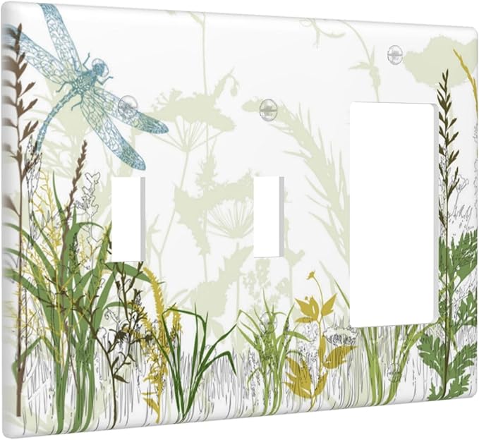 Wild Flower Dragonfly 3 Gang Toggle Rocker Light Switch Cover Plates Decorative Electric Outlet Covers Decorator Wall Switch Plate Receptacle Plug Covers 6.38 * 4.49 Inches