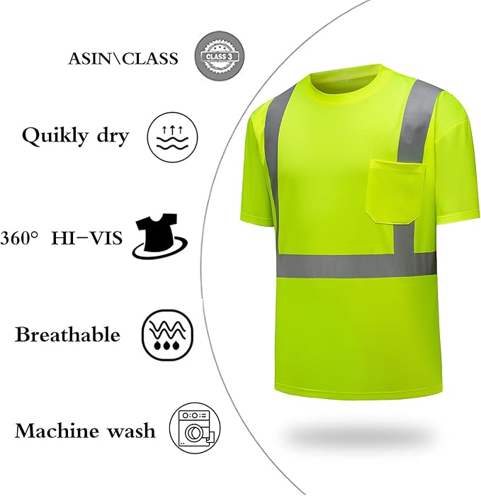 High Visibility Shirts Quick Dry Safety T Shirts with Reflective Strips and Pocket Short Sleeve Mesh Hi Vis Construction Work Class 2 Shirt for Men/Women Lime,Small