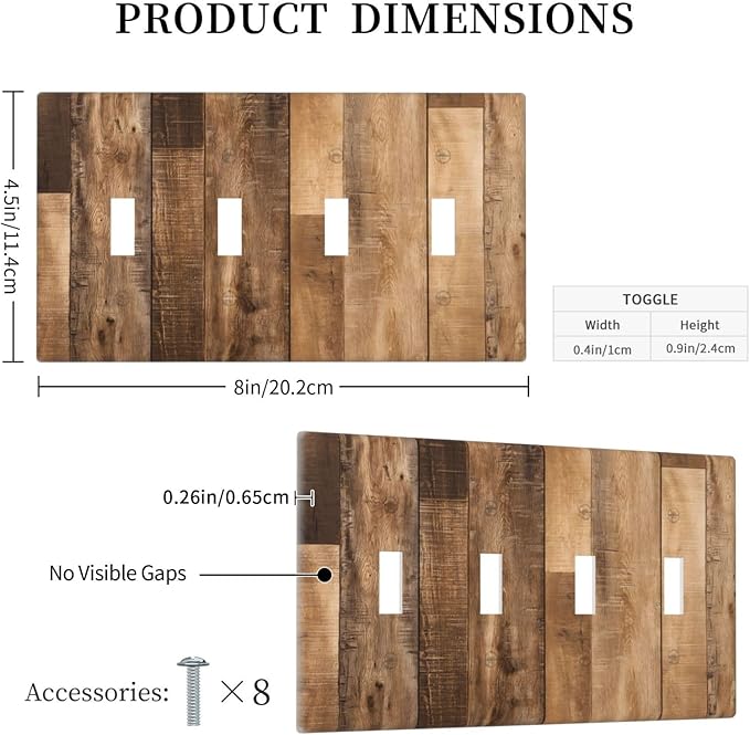 Rustic Brown Wood Splicing Vintage Dark Oak Print Light Switch Covers Quad Toggle Electrical Faceplate 4 Gang Wall Plate Decorative Switch Plates Cover for Farmhouse Home Decor