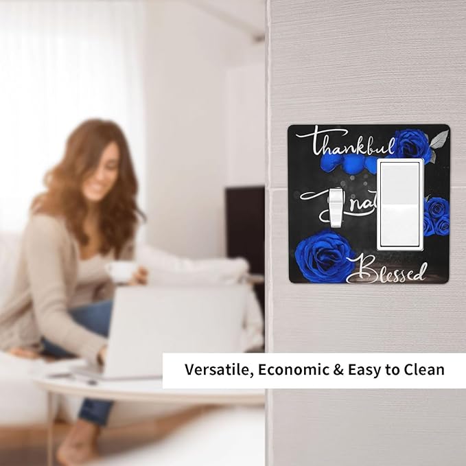 Light Switch Cover Blue Rose Thankful Grateful Blessed 2 Gang Toggle Rocker Combo Wall Plates Romantic Blue Floral Decorative Switch Plates and Outlet Covers Receptacle Cover for Home Decor