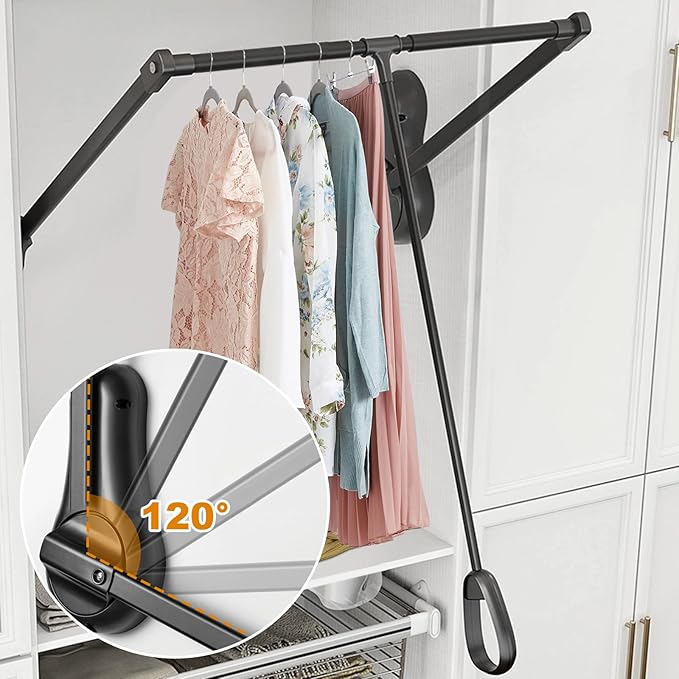 YJINGRUI Pull Down Closet Rod, 120° Pull-down Wardrobe Hanger with Lift Damping System, 55lb Adjustable Clothing Rack for Cloakroom/Bedroom/Balcony (33.4"-45.3")