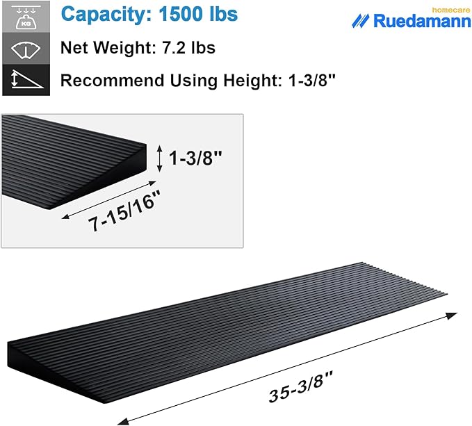 Ruedamann 1.4" Rise Threshold Ramp for Doorways, Sturdy Rubber Threshold Ramp, Non-Slip Power Door Ramps for Wheelchairs is Adjustable and Cuttable for Doorways,Curb, Scooters, Driveways