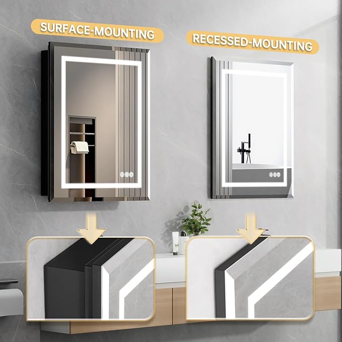 16"X24" Bathroom Medicine Cabinet with Mirror, LED Lighted Medicine Cabinet with Anti-Fog, 3 Colors Temperature Stepless Dimmable, Metal Cabinet for Storage and Mordern Decor, Black
