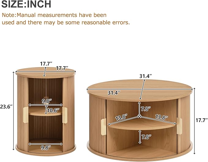 Merax Mid Century Coffee Table Set with Sliding Tambour Door, Round Coffee Table with Storage, Fluted Accent Center Tables for Living Room, Office, Small Space, Natural