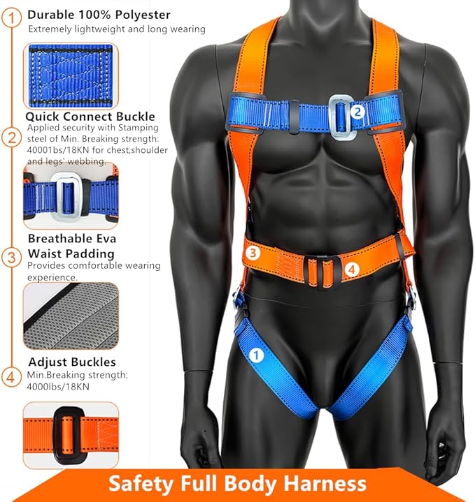 Full Body Safety Harness Tool Fall Protection，OSHA/ANSI Compliant,ASTM F1774certified | INTERNAL Shock Absorbing Lanyard（Orange）