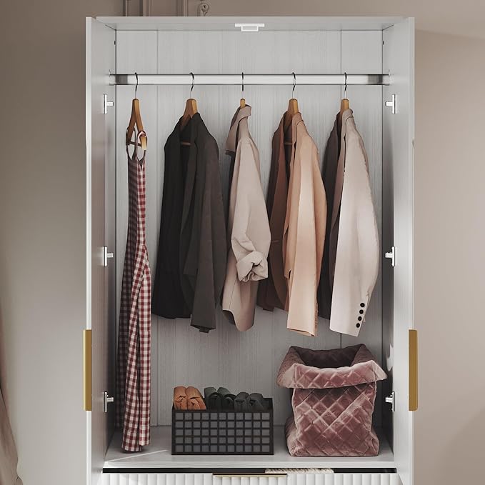 71.7" Wardrobe Armoire Wooden Closet with 2 Doors and 3 Drawers, Bedroom Armoire with Hanging Rod Shelf, Large Capacity Storage Wardrobe Armoire, Freestanding Wooden Closet Storage Cabinet White
