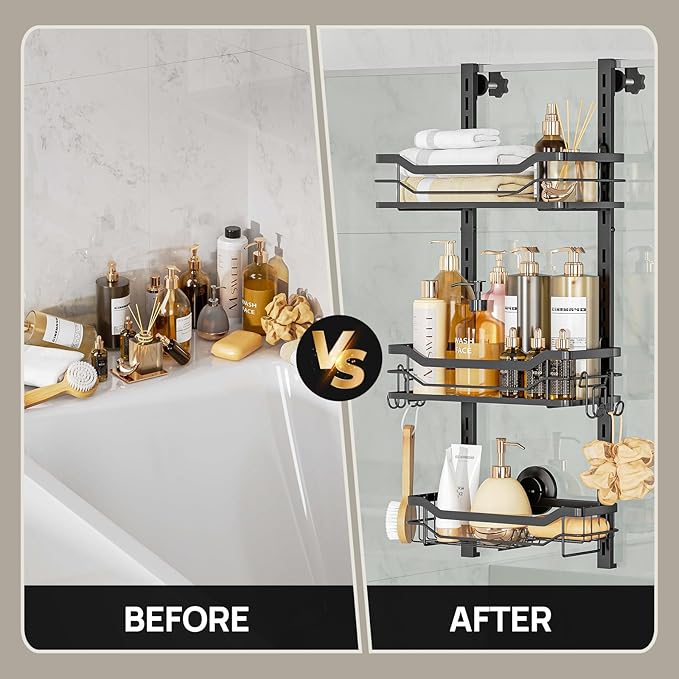 LEVERLOC Over The Door Shower Caddy, Shelf Distance Adjustable Hanging Rack Sturdy Rust Proof Bathroom Shelves with Strong Suction Cup, Shower Organizer Basket Storage Rack, Metal Black