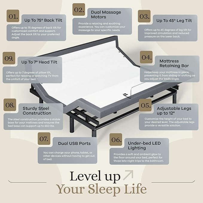 Sven & Son Harmony Adjustable Bed Base, Head and Foot Lift, Massage, Under-Bed Lights, USB, Gel Memory, Zero Gravity Smart Frame - King