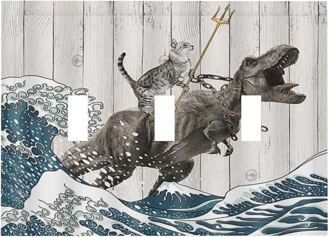 Triple Toggle Light Switch Cover Decorative Funny Cat Cool Cat Dinosaur Japanese Sea Waves Wood 3 Gang Wall Plate Covers 3 Hole Device Electrical Switchplate Faceplate for Farm Bathroom Decor