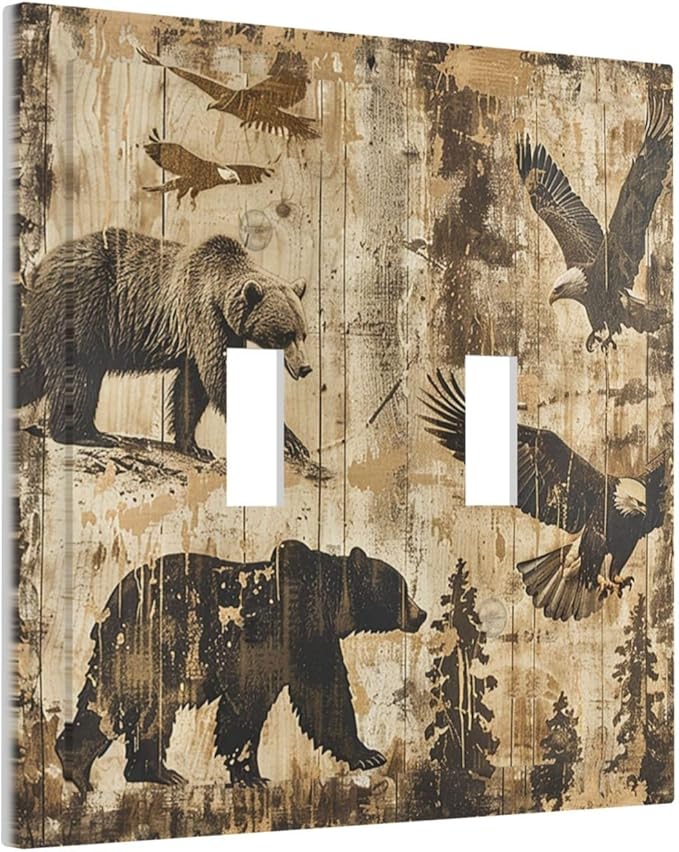 Decorative Switch Plates Vintage Cabin Wildlife Animal Bear Eagle Forest 2 Gang Double Toggle Outlet Light Switch Cover Wall Plate Electrical Faceplate for Farmhouse Bedroom Decor