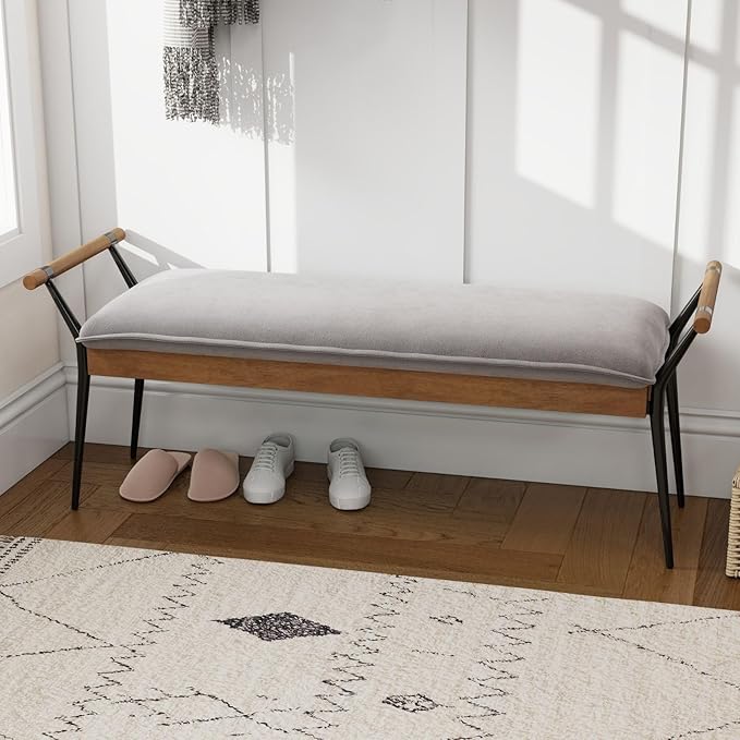 LukeAlon Modern Chenille Entryway Bench, Upholstered End of Bed Bench with Arms Classic Bedroom Ottoman Bench with Metal Legs Elegant Footstool for Entrance Living Room, Grey