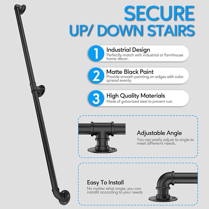 Pipe Stair Handrail, 6.6 Ft Metal Staircase Handrail, Black Galvanized Industrial Iron Hand Rail for Indoor & Outdoor Wall Mount Support, Wall Hand Railing,Safety Handle, Steps Baluster(HR04)