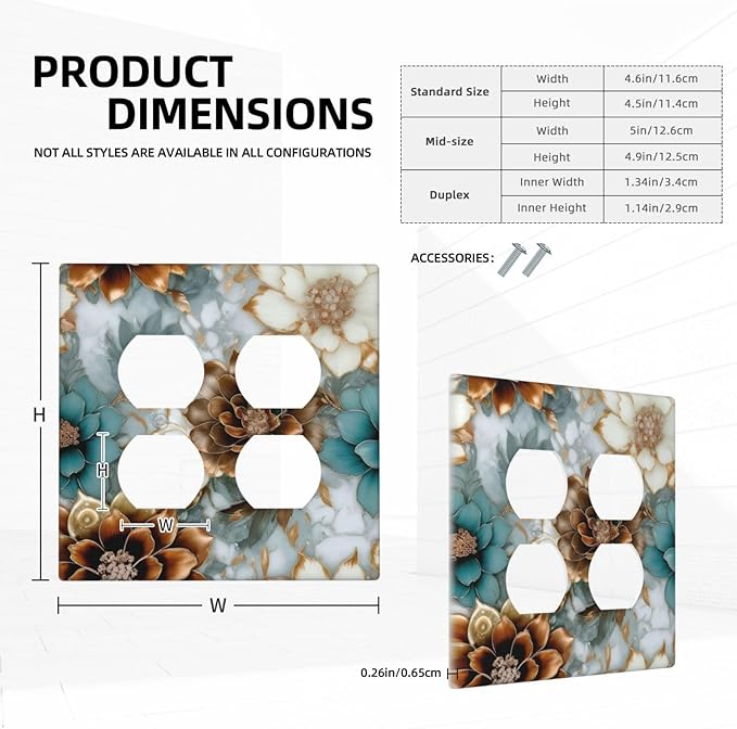 Vintage Marble Floral Gold/Green/White Metal Flowers Outlet Covers 2-Gang Duplex Light Switch Covers Decorative Gfci Wall Plate Covers Electrical Receptacle Switchplate Plug Faceplate Bathroom