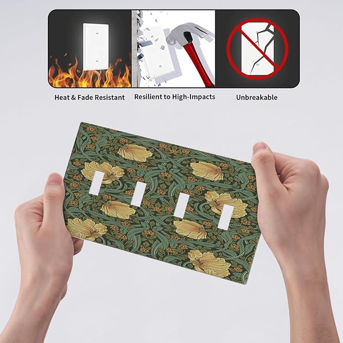 Light Switch Covers William Morris Floral Vintage Flowers Pattern Quad Toggle Electrical Faceplate 4 Gang Wall Plate Decorative Switch Plates for Bedroom living Room Decor