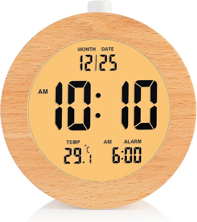 Plumeet Wooden Digital Alarm Clock for Bedrooms, Wood 4'' Battery Powered Alarm Clock with Snooze and Nightlight, Electronic LCD Desk Clock Display Time, Date, Temp, 12/24H, Wood Décor, Round, Brown
