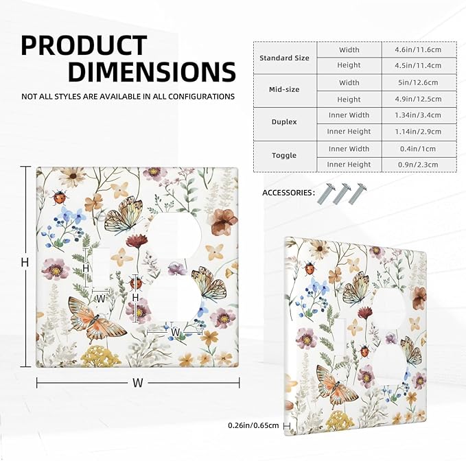 Boho Multicolor Flower Butterfly Insect Floral Wallplates 1 Toggle 1 Duplex Switch Plate Electrical GFCI Faceplate Decorative Light Switch Covers for Bedroom Living Room Decor