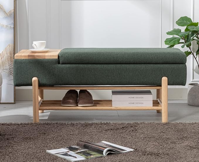 EALSON Modern Storage Bench for Bedroom End of Bed Linen Upholstered Entryway Bench with Shoe Rack Ottoman Window Bench with Wood Frame Farmhouse Long Seating Bench for Hallway/Foyer, Green