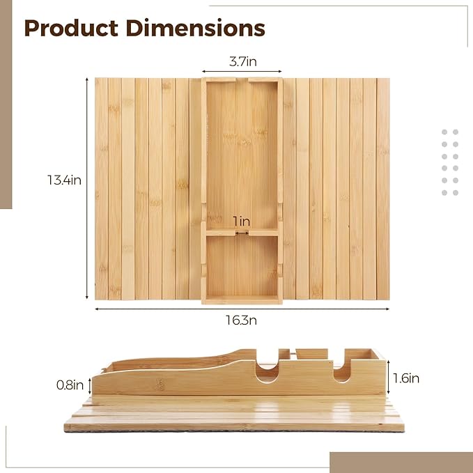 Bamboo Couch Arm Tray with Cup Holder, Foldable Wooden Couch Cup Holder Armrest Table, Non-Slip Sofa Arm Tray Caddy with Storage Sections for Drinks, Phones, Remotes and Snacks