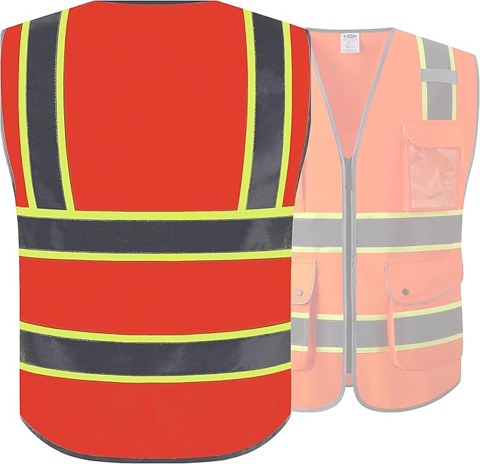 JKSafety 9 Pockets Hi-Vis Neon Orange Color Zipper Front Safety Vest with Fluorescent Yellow Extend Edge outlining the Reflective Tapes Meet ANSI/ISEA Class 2 Standard (901-Orange, 4X-Large)