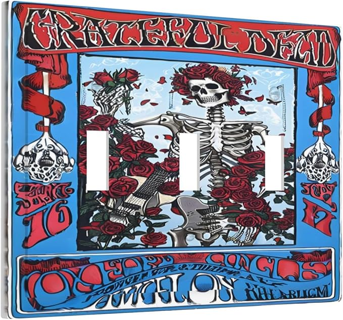 Decorative Switch Plate Covers Hippy Skull Red Rose Floral 3 Gang Light Switch Cover Plate Triple Toggle Wall Plate Light Switch Covers for Bathroom Decor