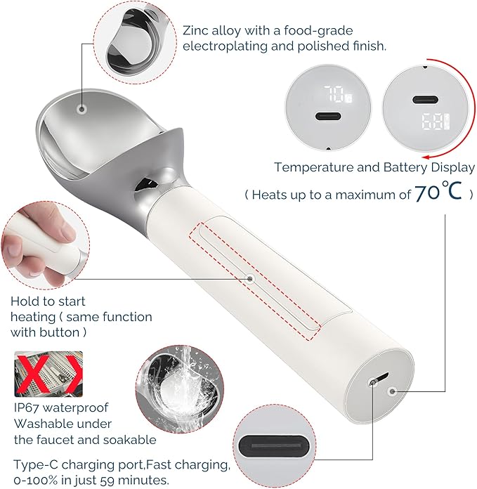Heated Ice Cream Scoop Rechargeable, Electric Warming Ice Cream Scooper with LED Display, Heats to 158°F for Hard Ice Cream, Easy for Seniors & Kids, IP67 Waterproof (White, 2 oz)