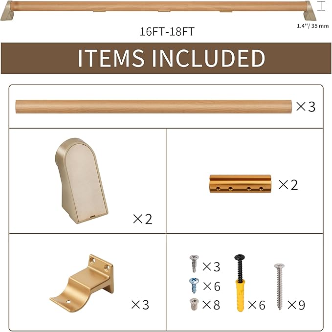 Handrails for Indoor Stairs,Railings，Stairs Handrail，Modern Aluminum Handrail Set, Wall Mounted，Anodized Silver, Rust Free. (Cherry Wood Grain, 16 FT)