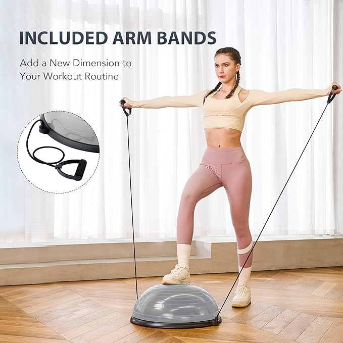 ZELUS Balance Ball Trainer with Resistance Bands and Foot Pump, Inflatable Yoga Ball for Home Gym Workouts, 23 Inch Exercise Half Ball for Balance Training Core Strength Fitness More, 330lb Cap