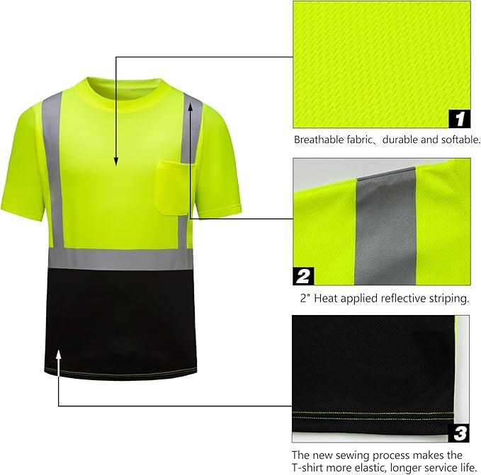 High Visibility Shirts Quick Dry Safety T Shirts with Reflective Strips and Pocket Short Sleeve Mesh Hi Vis Construction Work Class 2 Shirt for Men/Women Black Bottom Lime,2XL