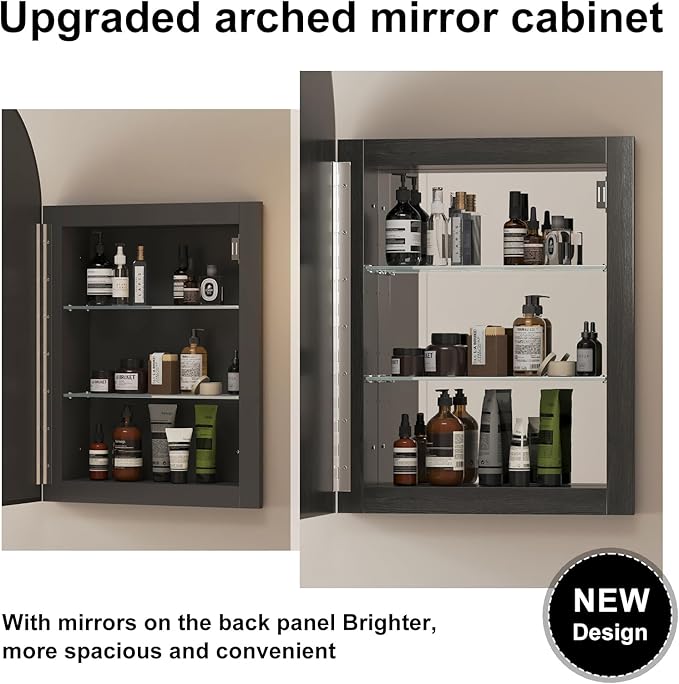 Recessed Medicine Cabinet Mirror for Bathroom,Black Arched Medicine Cabinet with Mirror,Arch Bathroom Mirror with Storage,Surface Mount Wall Cabinet,16x26 Mirrored Cabinets Wall Mounted