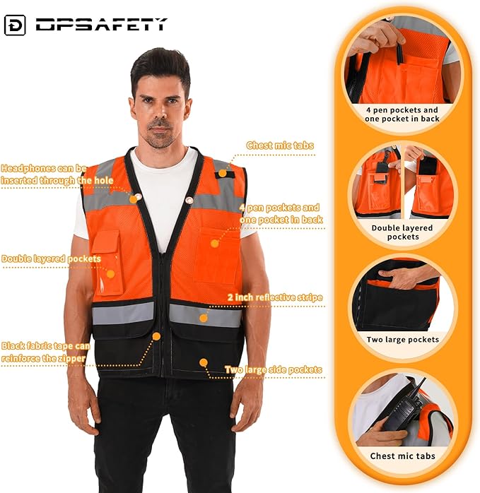 Reflective Safety vest With back plan pocket,High visibility Class 2 Heavy Duty Surveyor Vest with Zipper,Hi Vis Construction Work Vest for Men＆Women ANSI/ISEA(Orange-Bottom,5XL)
