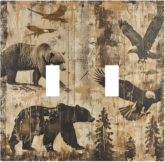 Decorative Switch Plates Vintage Cabin Wildlife Animal Bear Eagle Forest 2 Gang Double Toggle Outlet Light Switch Cover Wall Plate Electrical Faceplate for Farmhouse Bedroom Decor