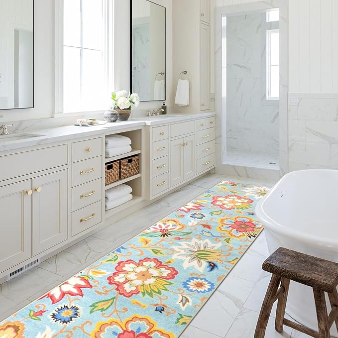 Beeiva Washable Kitchen 2x8 Runner Rug, Colorful Flower Rug Runners for Hallways with Rubber Backing, Floral Plant Non Skid Ultra Thin Carpet for Bathroom(Colorful,2'x8')
