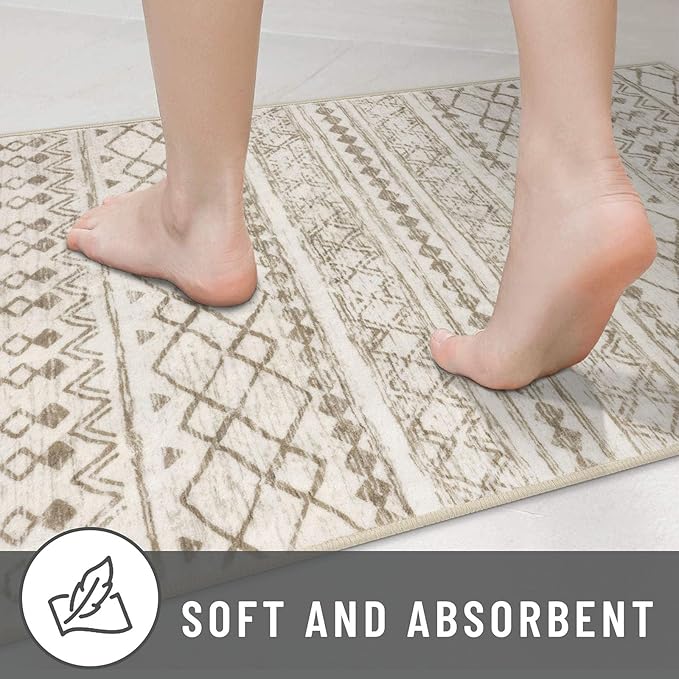 KUTA Boho Runners for Hallways 2x7 Beige Navy Blue Moroccan Washable Runner Rug Non-Slip Vintage Kitchen Rugs Ultra Soft Geometric Floor Carpet for Bedroom Laundry Living Room