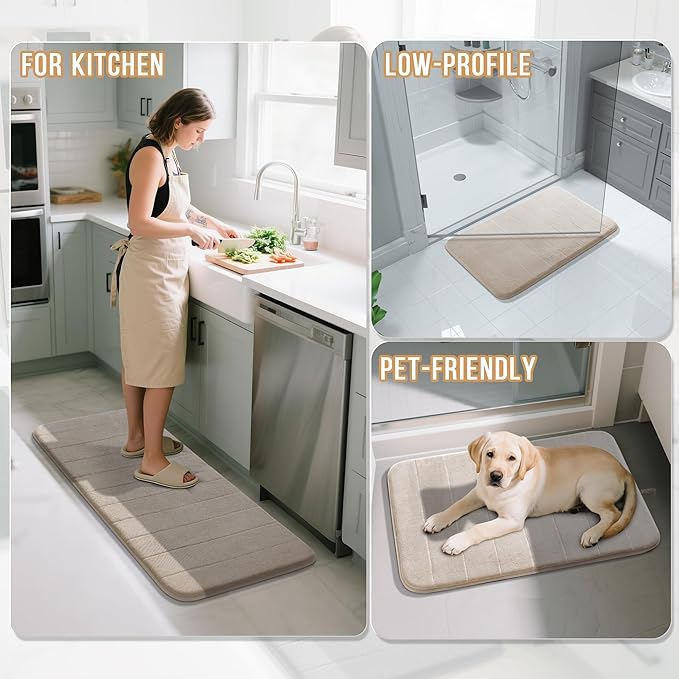 Yimobra Memory Foam Bathroom Rugs Sets 2 Piece - Super Soft Absorbent Quick Dry Bath Mat Set, Machine Washable Non Slip Floor Carpet for Tub Shower & Single Sink (17x24 & 31.5x20 Inch, Beige)