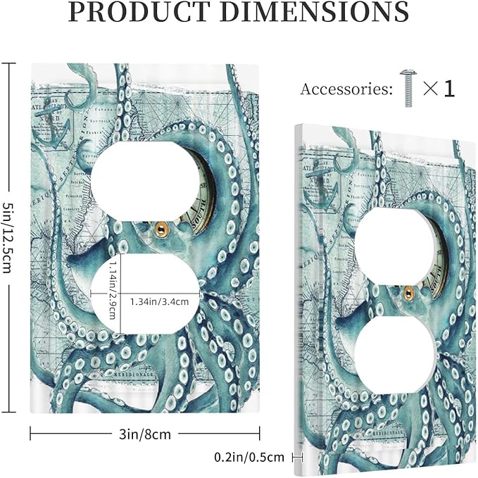 Outlet Covers Vintage Nautical Octopus Eyes Funny Ocean Kraken 1 Gang Duplex Light Switch Cover Decorative Single Receptacle Wall Plate Compass Pirate Map Electrical Switchplate for Farm Home
