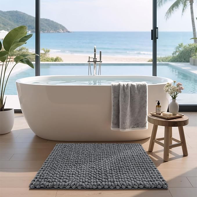 LUMI Luxury Bathroom Rug, Ultra Soft Quick Dry Bath Mat, Non-Slip Absorbent Thick Chenille Bath Rug, Cozy Braid Design Floor Mat for Bathtub, Sink, Laundry, Bedroom, Grey, 24"x43"
