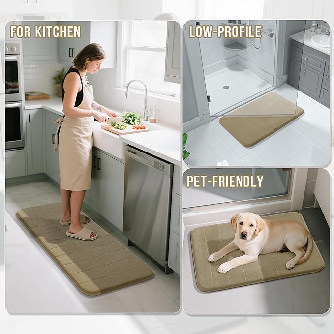Yimobra U-Shaped Toilet Bath Mat Set 2 Piece - Soft Absorbent Quick Dry Memory Foam Bathroom Rugs, Machine Washable Non Slip Floor Carpet for Tub Shower & Single Sink (17x24 & 24x20, Pale Khaki)