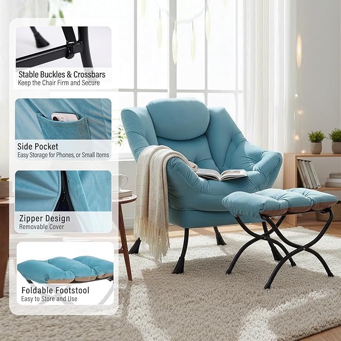 Lazy Chair with Ottoman, Modern Chair with Folding Footrest, Lounge Accent Chair, Comfortable Reading Chair (Velvet Light Blue