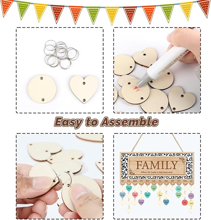 KAlRNE Family Birthday Reminder Board,Birthday Calendar Hanging Wooden Plaques,Rustic Calendar with 100 Tags,Hollow-Out Design Farmhouse Reminder Wood Board,Gifts for Mom Nana Parents Grandparents