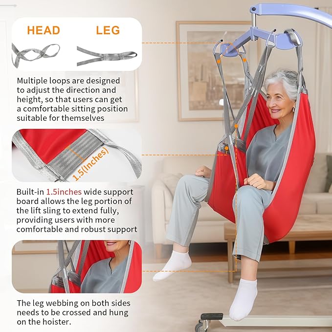 Patient Lift Divided Leg Sling – Heavy Duty 500 lbs Capacity, Easy Hygiene Access with Handles & Pocket, Machine Washable – Small/Medium/Large for Elderly, Disabled & Bariatric Care (Red, M)