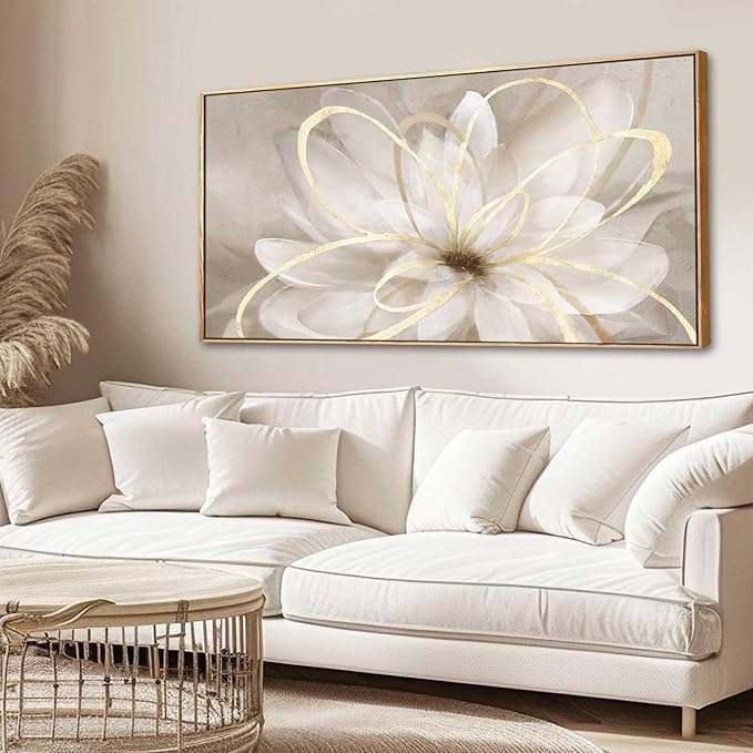 Framed Abstract Wall Art Gold Pictures Wall Decor Line Painting on Canvas 20"x 40" Contemporary Floral Artwork for Living room Office Bedroom Aesthetic