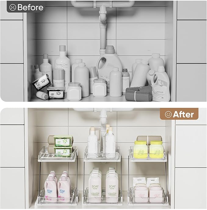 1 Pack Bathroom Organizers and Storage - Multi-Purpose,2-Tier Clear Pull Out Organization for Bathroom,Under Sink,Kitchen,Vanity,Countertop,Cabinet,Pantry & Medicine Cabinet,White