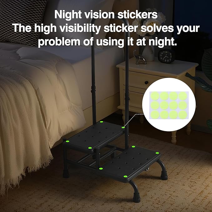 NOVII Step Stool with Wheels and Storage Bag for Elderly, 2 Step Stool with Handle,Adjustable Bed Steps for High Beds for Adults,Portable Footstool for Bedroom, Kitchen, Bathroom（Black）