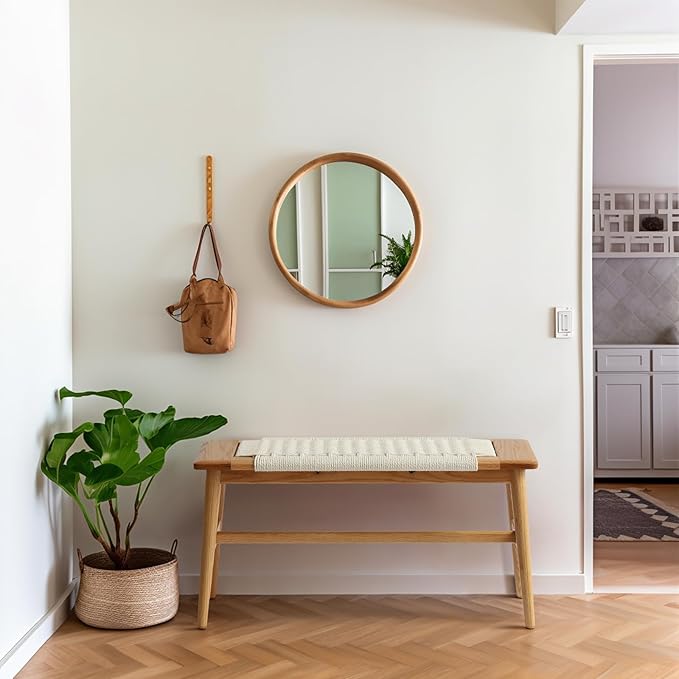 Wood Dining Bench,100% Natural Solid Oak with Rattan Design, Rounded Edge, Bench for Entryway Hall, Dining Room,Bedroom, Living Room (Off-White, 31.49 inch)